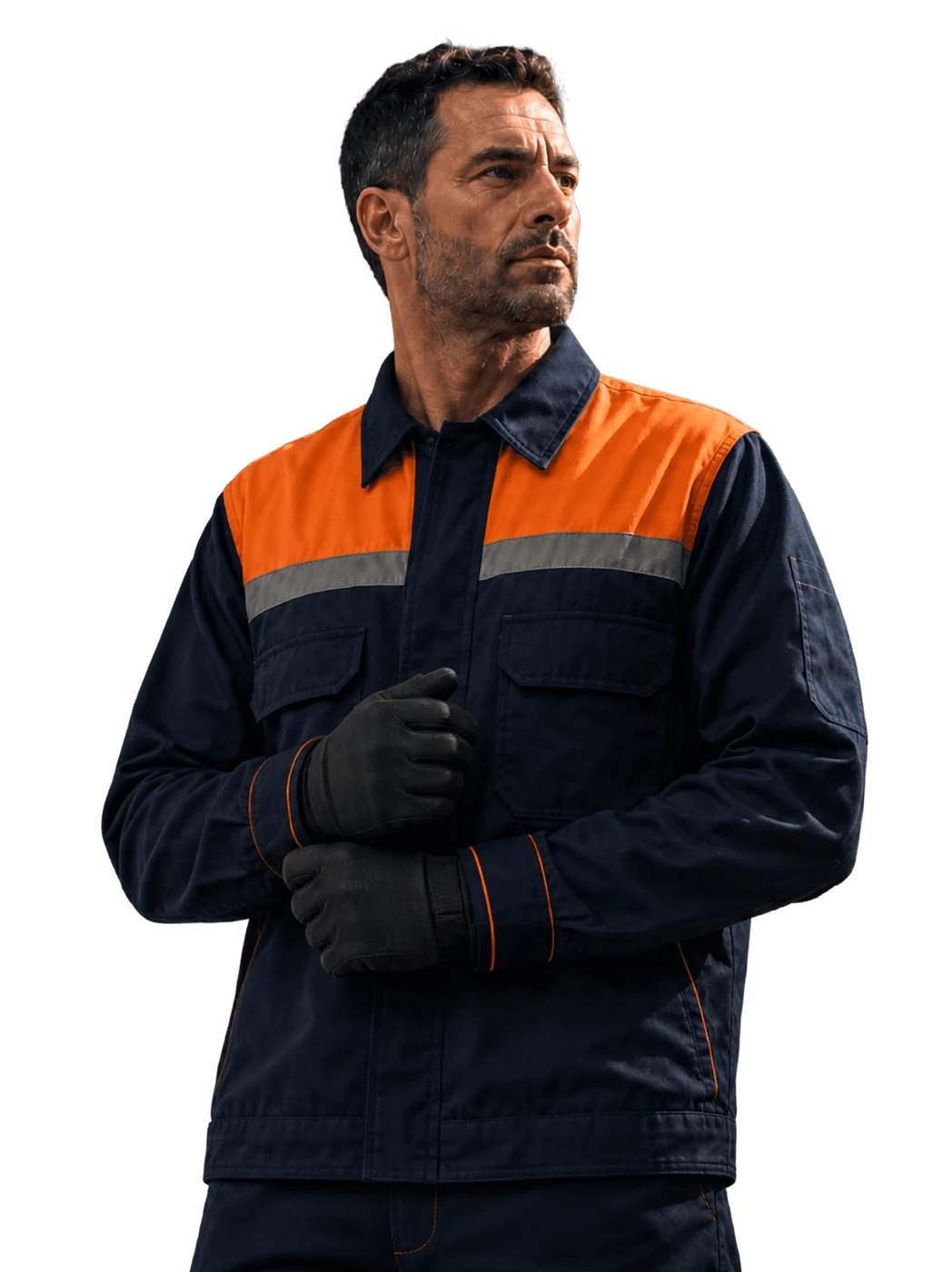 Professionnel en tenue de travail orange et bleu marine
