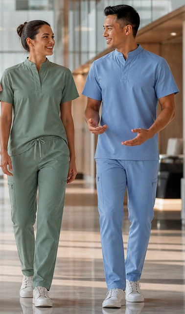 Professionnels portant des tenues médicales